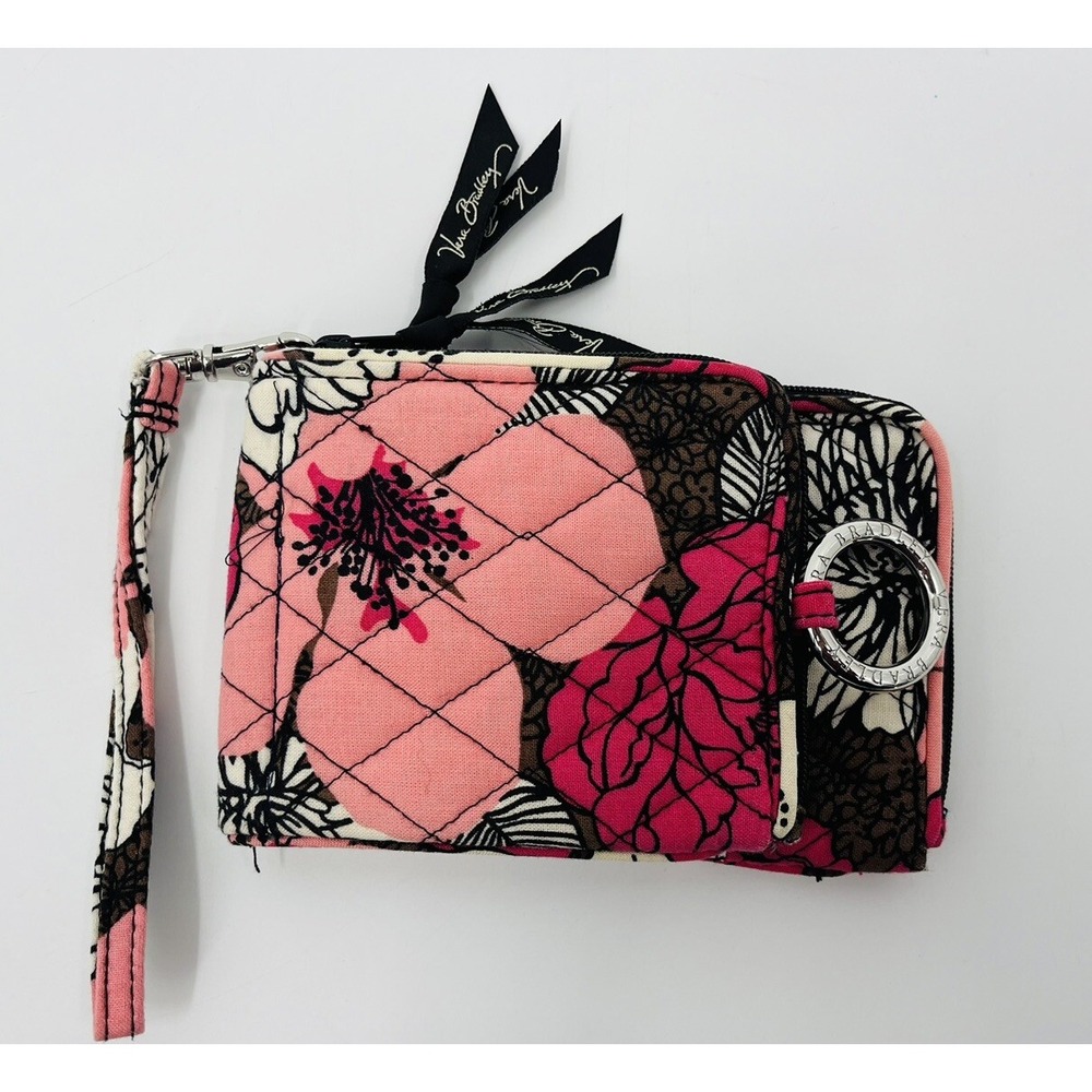 Vera Bradley Double ID Wristlet Wallet Pink Mocha Rouge Floral Quilted